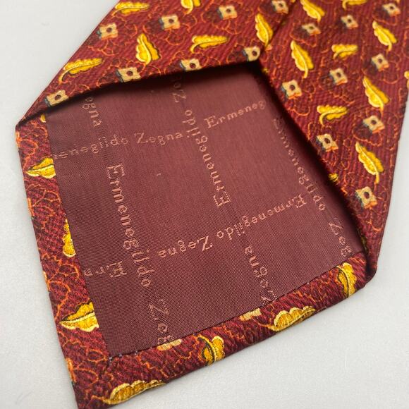 Ermenegildo Zegna Red‎ Gold Leaves Tie 100% Silk Necktie Made in Italy - Picture 7 of 9